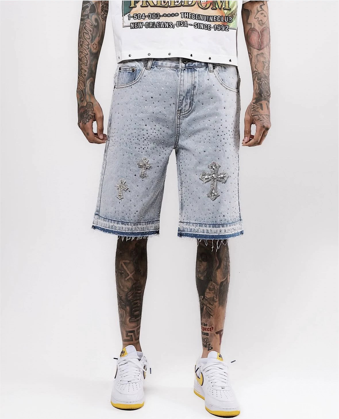 2026 Designer Shorts - Premium Lightweight Luxury Style - Retro Crystal-embroidered Denim Shorts With A Subculture Hip-hop Streetwear Vibe Suitable Fo