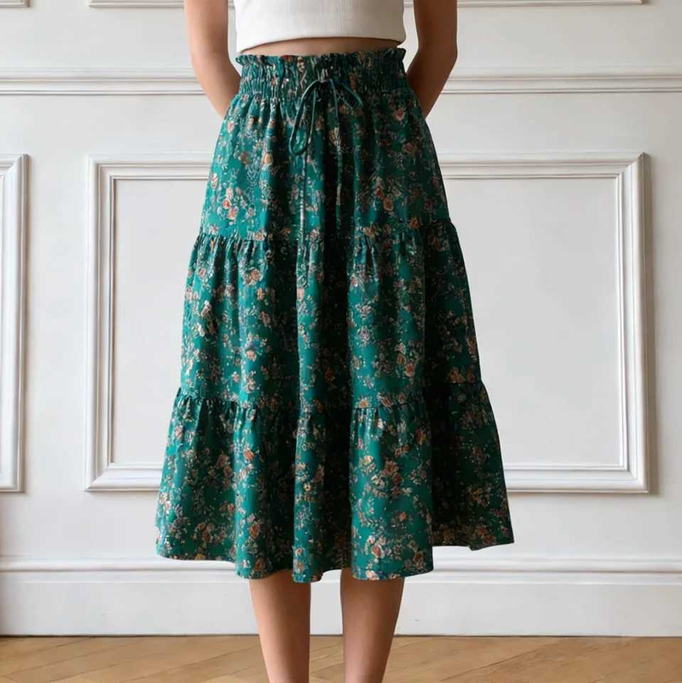 Womens Floral Tiered Midi Skirt Elegant a Line Half Skirt with Elastic Waistband Perfect for Spring Summer Casual Wear M260316