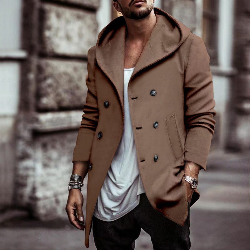 Spring And Autumn Men's Trench Coat Men's European And American Shirt Style Solid Color Hooded Polo Slim Fit Hoodie Trendy Fashion Trench