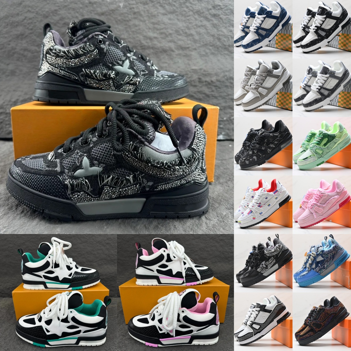Designer louisvittuon shoes Skate Sneakers luxury Men Women Casual Shoes Calfskin Platform tennis Trainers Leather Fashion flower Abloh Lace-up Lvs skate shoes