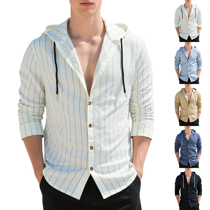 Autumn Men's Vertical Striped Casual Designer Hoodie Designer T-shirt Long Sleeve Shirt Hooded Drawstring Linen Cardigan Trendy Polo Loose Beach