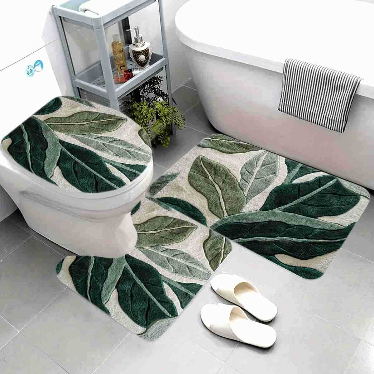 3pcs Abstract Green Leaf Print Bathroom Rug Set - U-Shaped Toilet Mat Bath Mats Soft Flannel Non-Slip Bath Mat with Elegant H260316