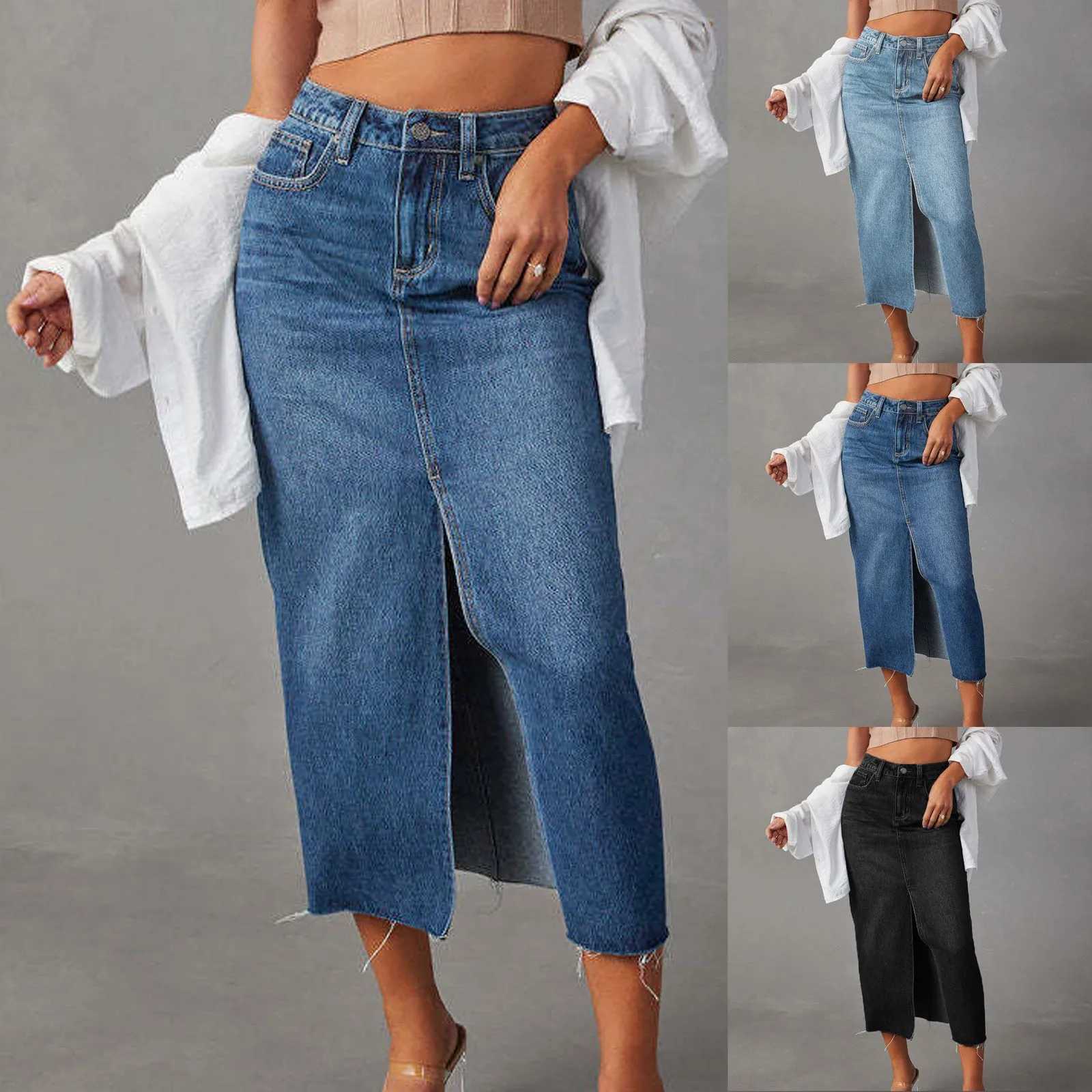 2024 Summer Midi Skirts Vintage Korean Style Skirts For Women Black Blue Jeans Skirt High Waisted Denim Skirt Front Slit M260316