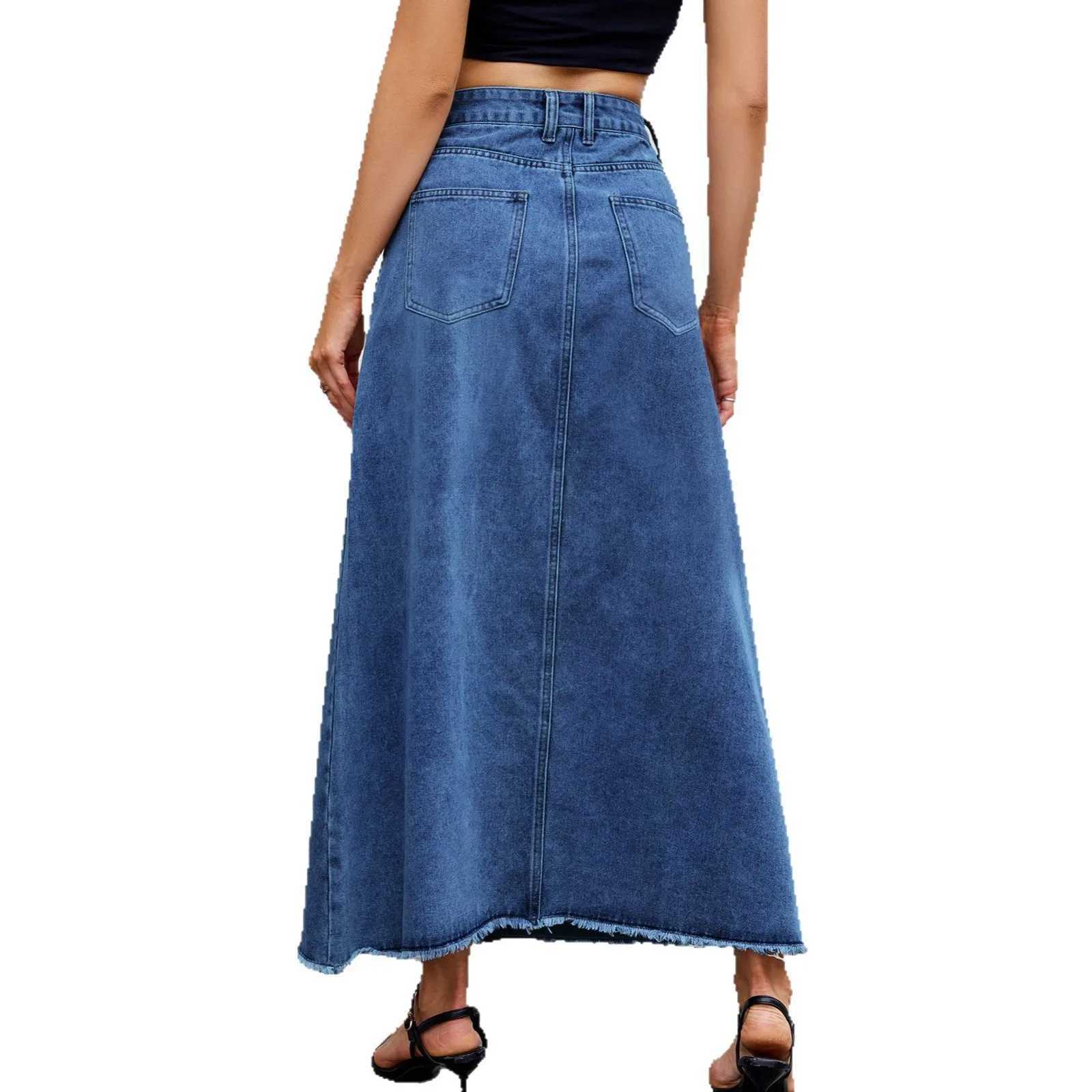 Denim Long Skirt Women Summer Basics Skirts Streetwear High Waist Washed Distressed Pockets Button 2025 Female Vintage A Line M260316