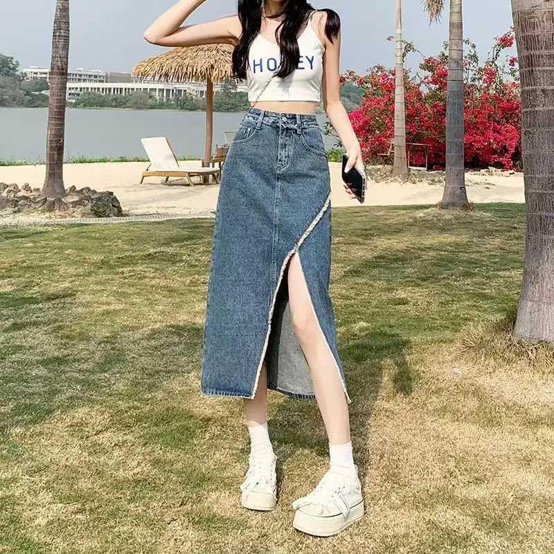 High Waist Casual Denim Mini Skirt for Women with Slit Loose Fit Mid Length Sweet Fresh Style Cotton Blend Spring Autumn M260316