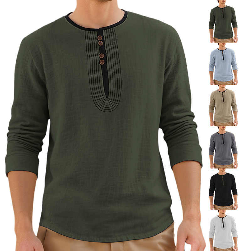 Americanstyle Heavy Vintage Designer T-shirt Cottn Casual Longsleeve PoloDesigner Hoodie New European And American Trendy Linen Henley Shirt