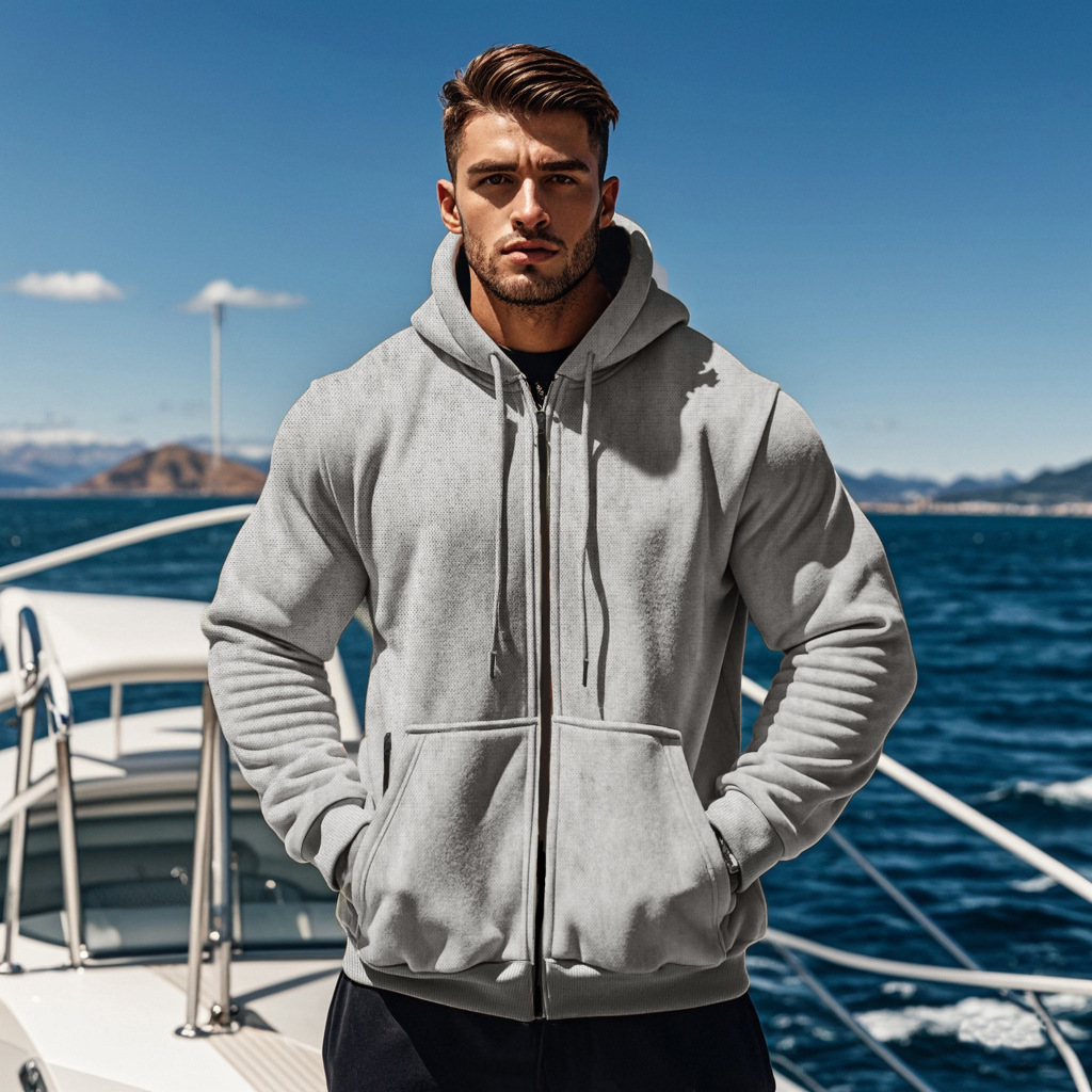 Autumn Winter Season Polo Shirt Men's Solid Color Hooded Hoodie Swea Fleece Warm Multipocket Men's Fleece Swea