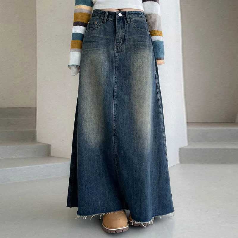 Lucyever Vintage Washing Denim Skirt for Women Y2K Aesthetic High Waisted Maxi Skirts Female Fashion Streetwear Long Jean Skirt M260316