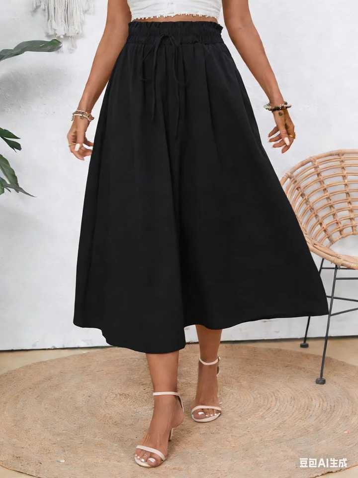Womens High-Waisted a Line Skirt Elegant Flowy Half Skirt with Elastic Waist and Pockets Perfect for Casual Outings M260316