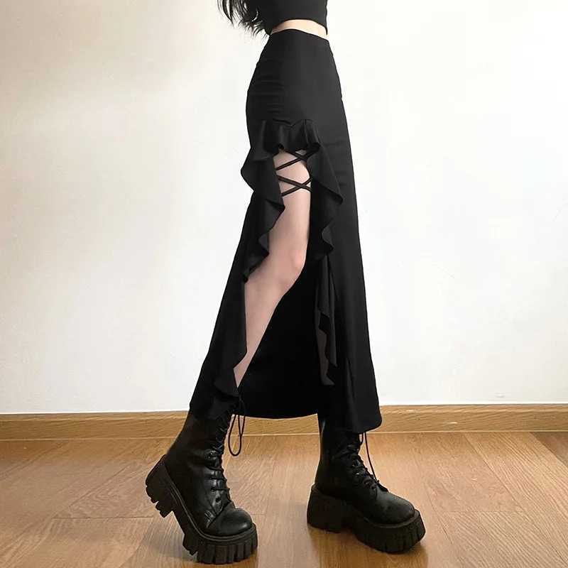 Women Spring Autumn Lace-up Slit Skirt Female Sexy Slim Wrap Hips Asymmetrical Skirts New Style Fashion Ankle-Length Midskirts M260316