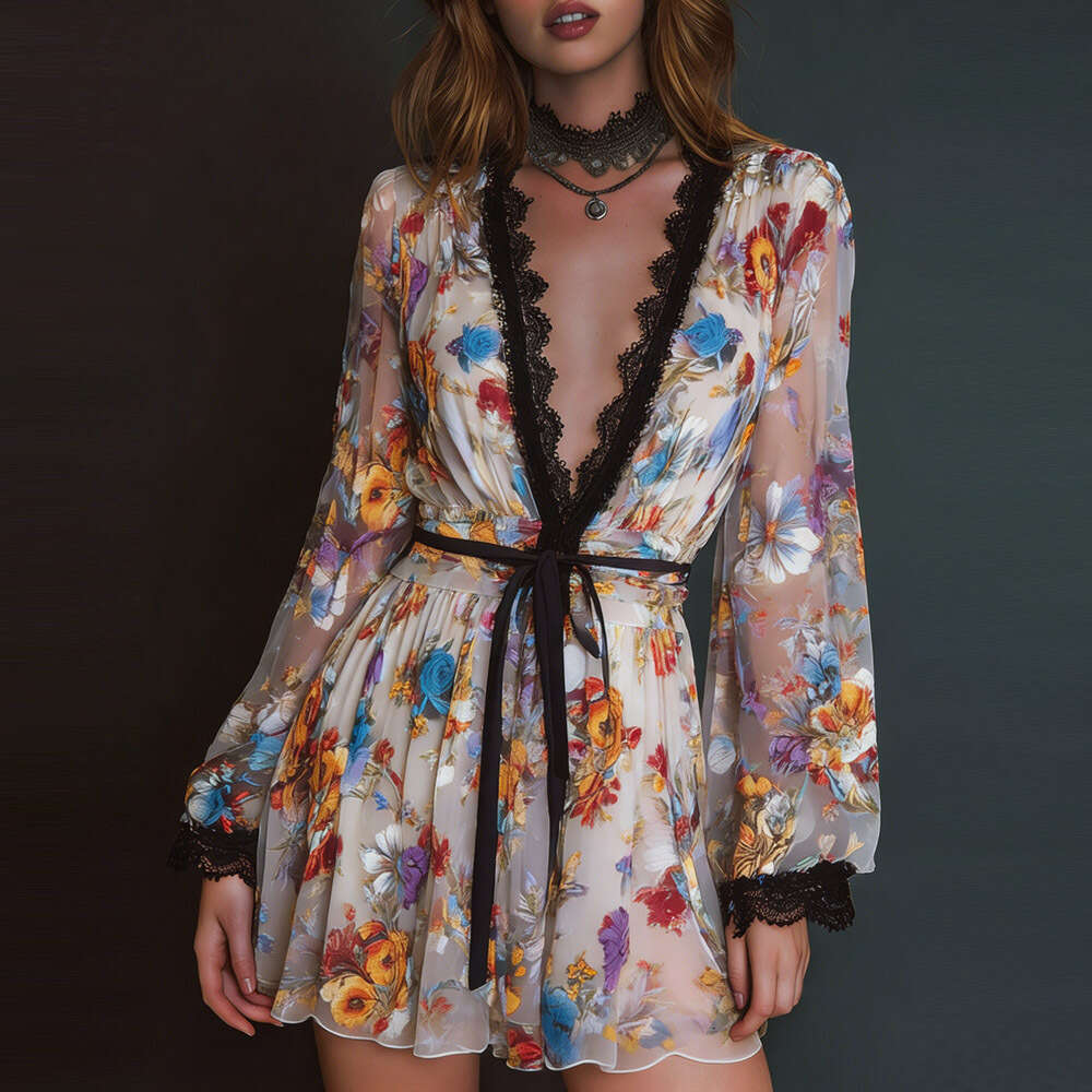 Vintage Floral Printed Pleat Mini Dress for Women Elegant Lace Spliced Sexy Deep-V Long Sleeve Party Dress Summer Chiffon Dress