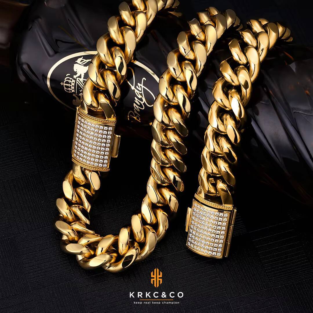 KRKC Hot Sale 18mm Titanium Stainless Steel CZ Buckle Rhodium 18k Gold Plated Hip Hop Men Necklace Big Punk Cuban Link Bracelet
