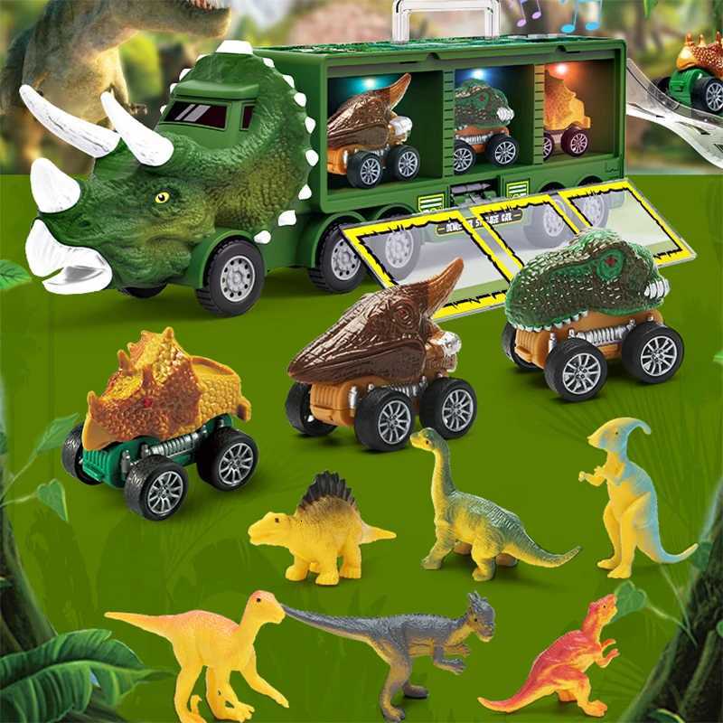 Dinosaur Transport Toy Truck Pull Back Vehicles Dino Container Storage Car Model Lighting Music Kids Boys Children Birthday Gift Y260316