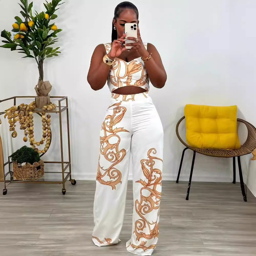 S10805 Sexy Printed Camisole HighWaisted WideLeg Pants TwoPiece Set 240816