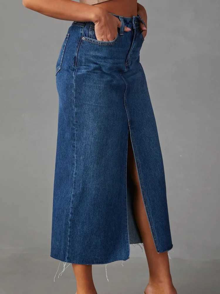 New In 2025 Womens Denim Skirt Spring Summer Korean Fashion High Waisted Streetwear Jean Skirt Female A-Line Midi Skirt M260316