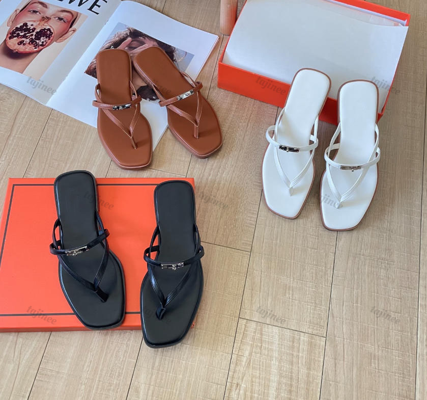 Classic Women Buckle Sandals Luxury Leather Slippers Summer Beach Flat Flip Flops