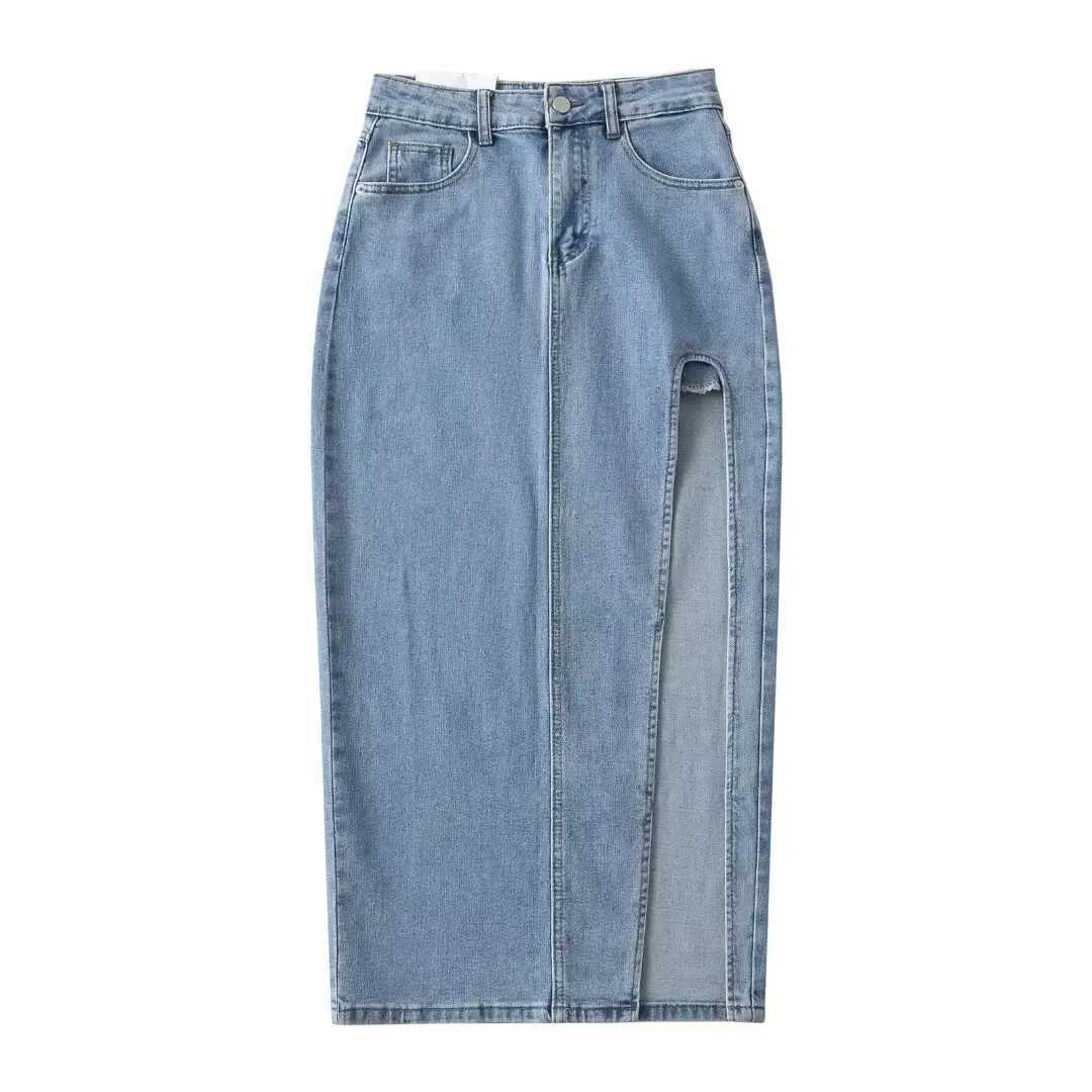 2024 Summer Midi Skirts Vintage Clothes Sexy Skirts For Women Blue Jeans Skirt High Waisted Denim Skirt Split Thigh Denim Skirt M260316