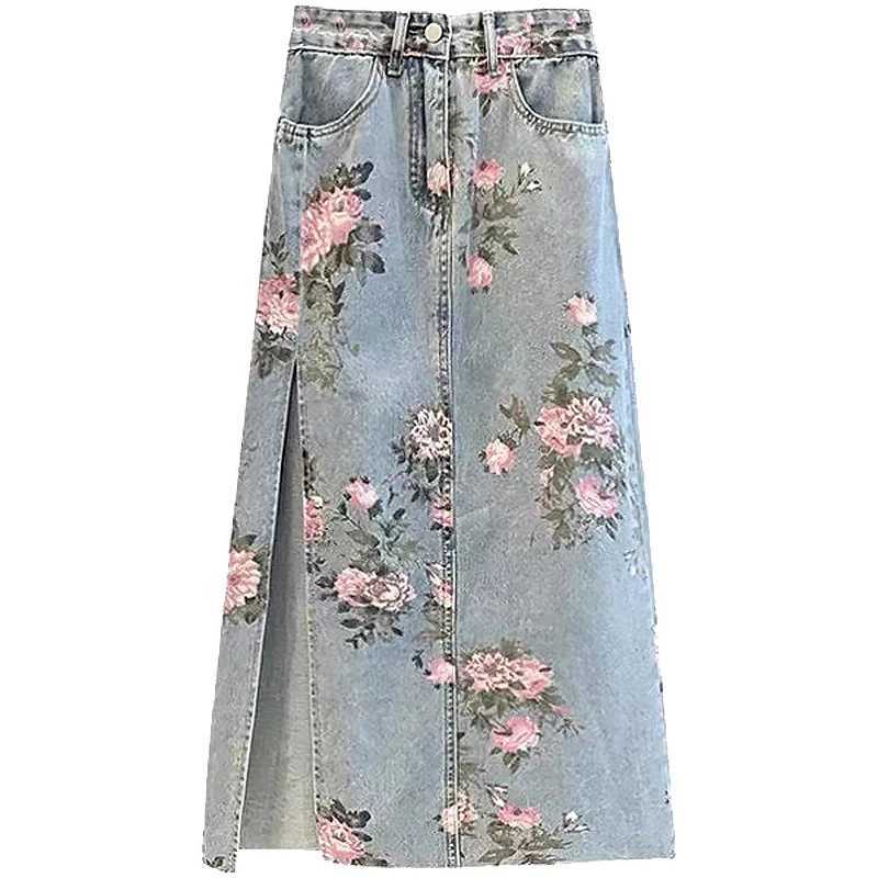Floral Print Denim Long Skirts Womens Summer Vintage Maxi Jeans Skirt Size S - 5XL Side Split High Waist Women Long Skirt Korean M260316
