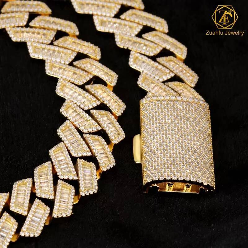 Luxury Big 20mm Hip Hop Baguette Moissanite Cuban Link Chain Gold Plated 925 Sterling Silver VVS Diamond Cuban Necklace