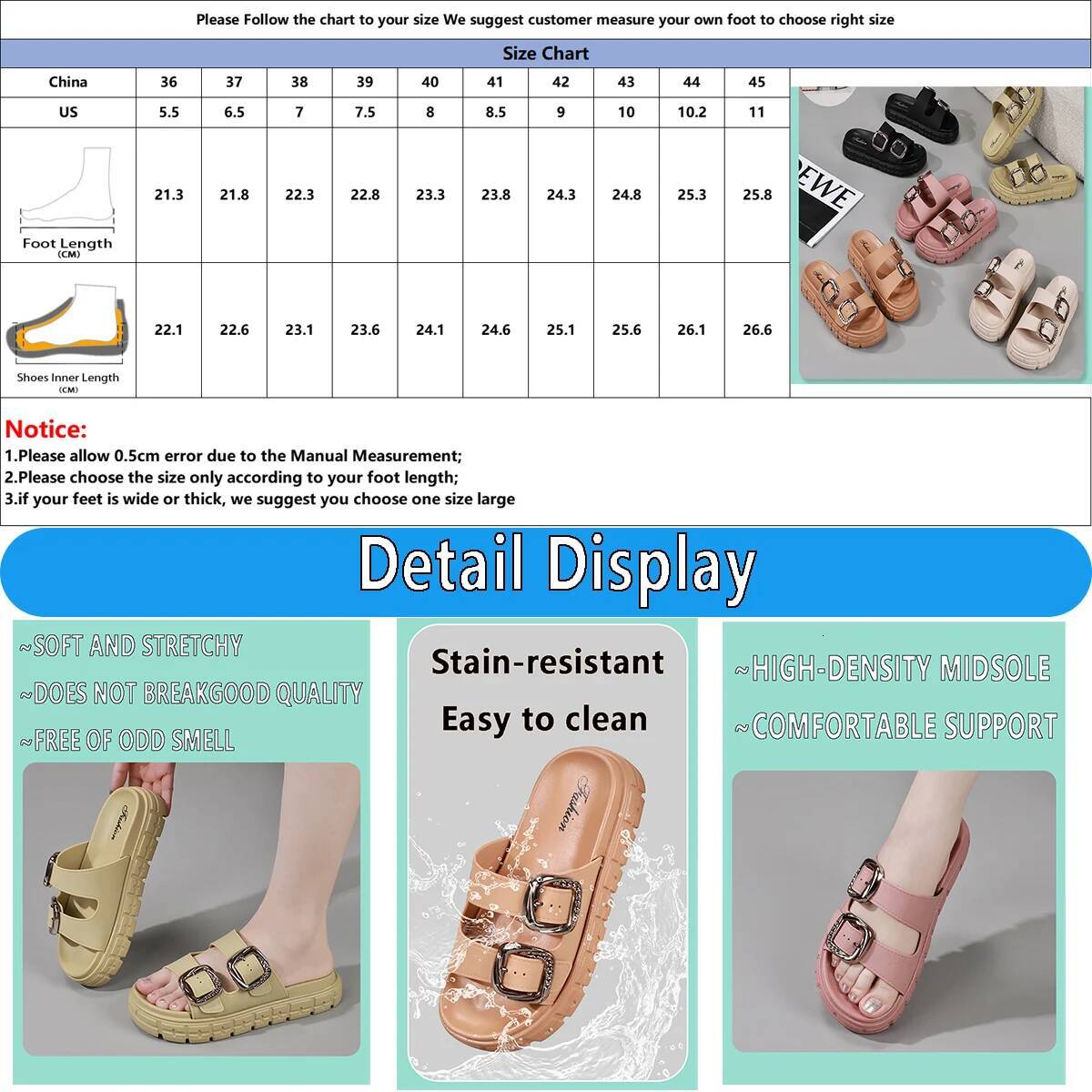 Women's Fashion Thick Sole Sandals,Adjustable Flip Flops,Leather Metal Ankle Buckle Strap Summer Beach Slides