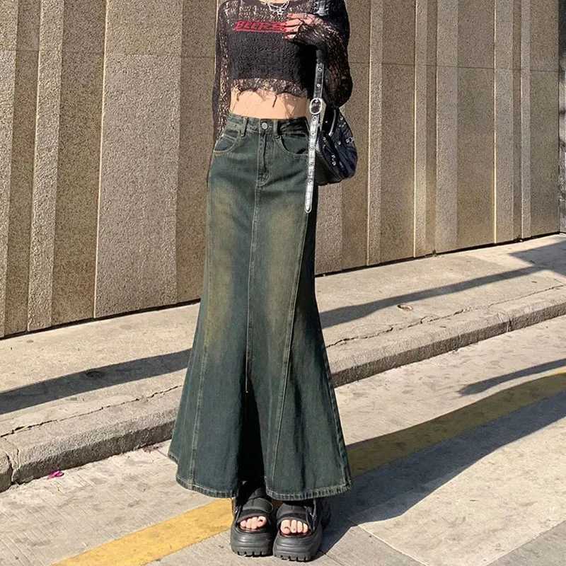 Biyaby Mermaid Denim Skirts Autumn Winter Woman Sexy Bandage Floor-Length Skirt Women Vintage Fashion High Waist Skirts Ladies M260316