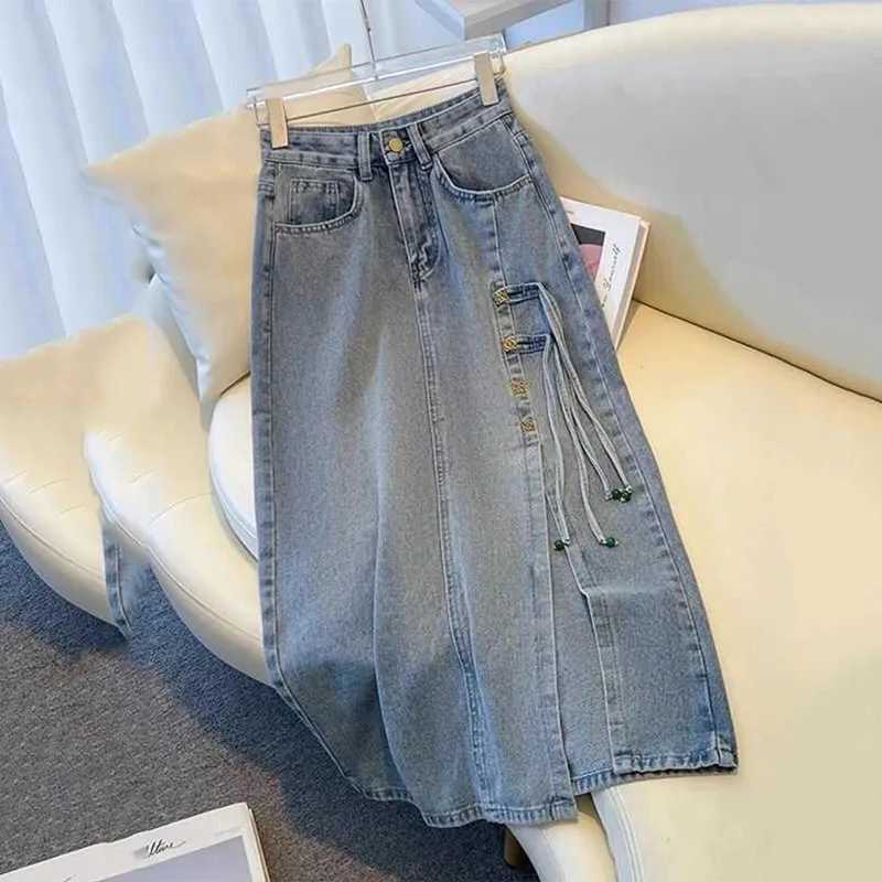 Fashion Side Tie Denim Skirt Ladies Women High Waist Harajuku Korean Style A-line Long Skirt For School Casual Faldas M260316