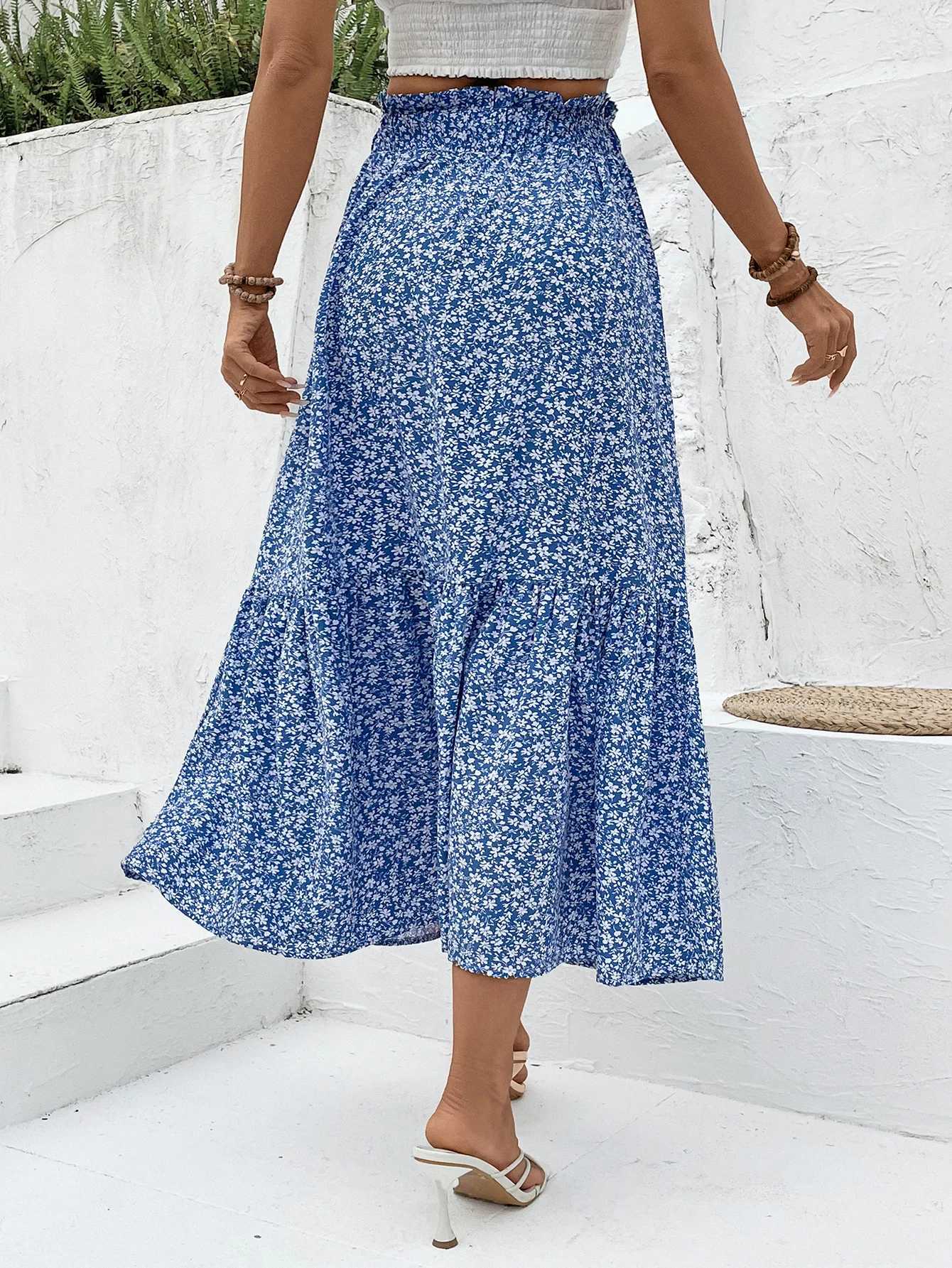 Womens Floral Midi Skirt High Waisted a Line Half Skirt with Elastic Waistband Flowy and Elegant for Vacation Wear M260316
