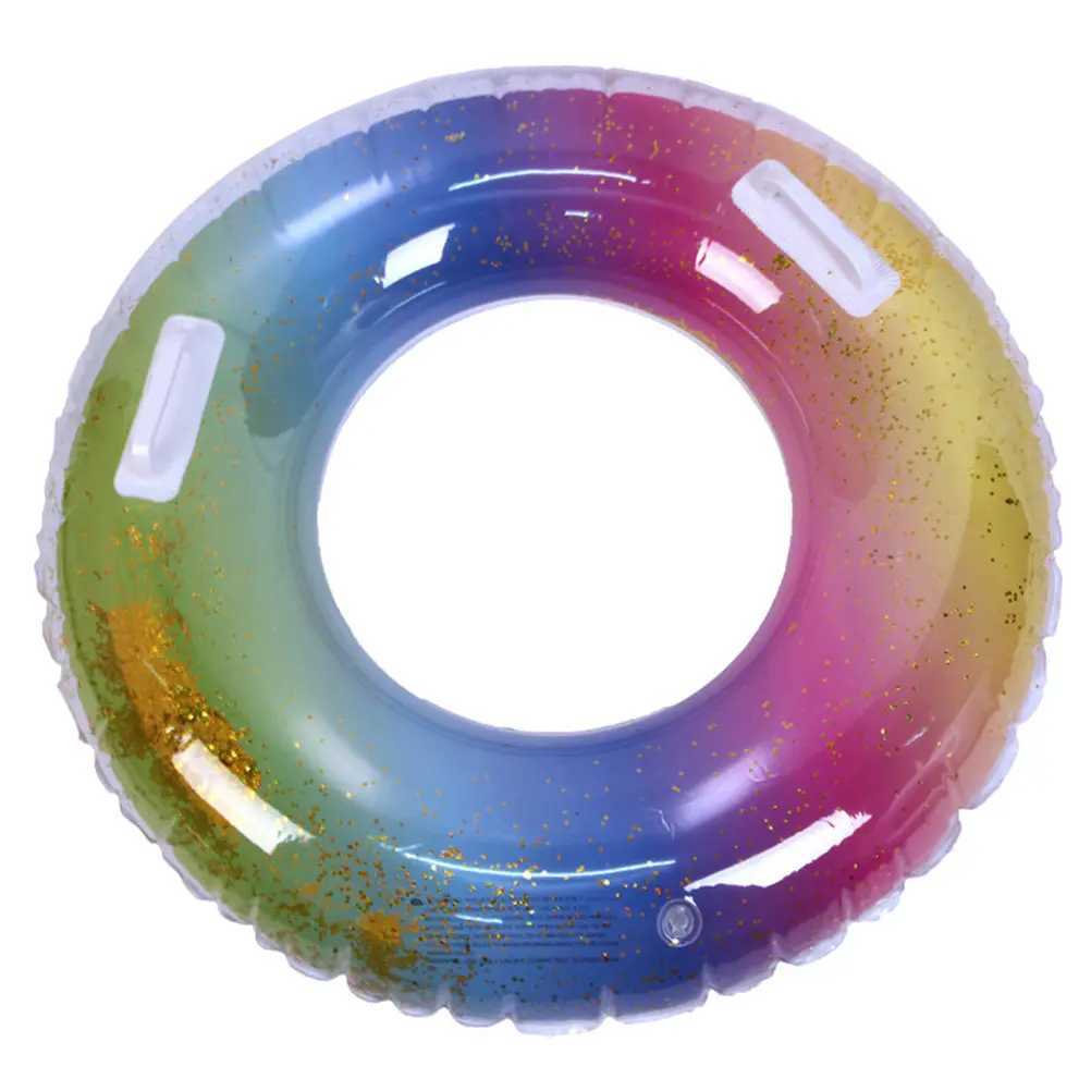 Sequins Translucent Gradient Rainbow Inflatable Swim Ring Safe Float Seat Ring Sports Accessory for Adults Women 70Cm Pool Beach M260316