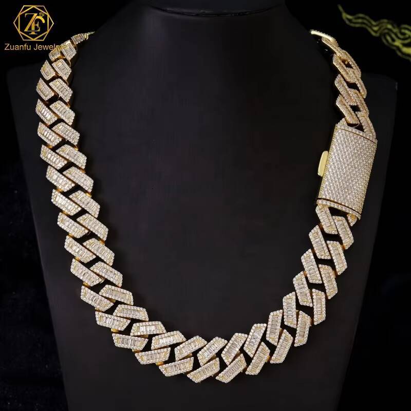 Luxury Big 20mm Hip Hop Baguette Moissanite Cuban Link Chain Gold Plated 925 Sterling Silver VVS Diamond Cuban Necklace