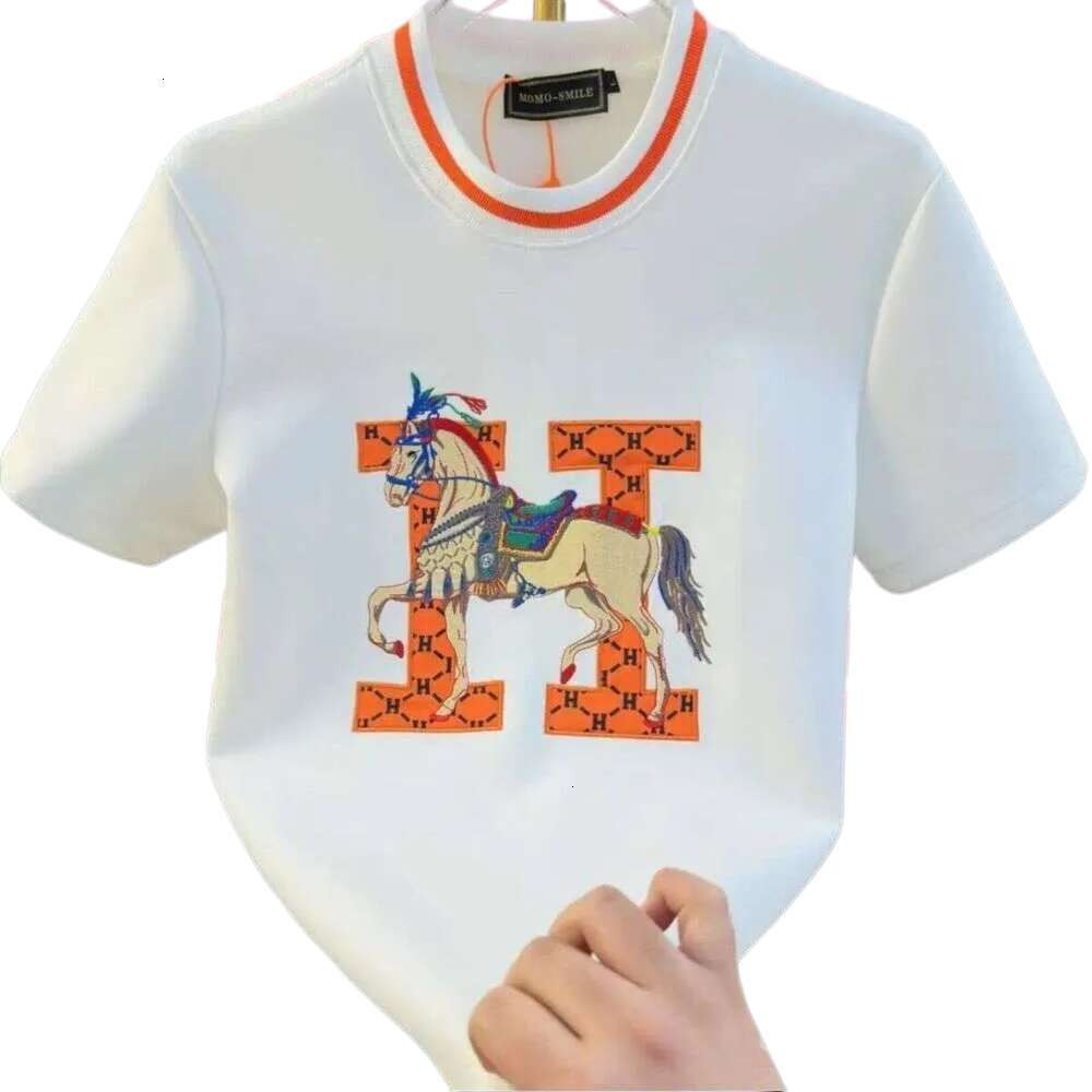 Mens Designer T Shirts Pure Cotton Horse Embroidered T-Shirt Summer Couple Casual Short Sleeve Orange Trim Crew Neck Tee