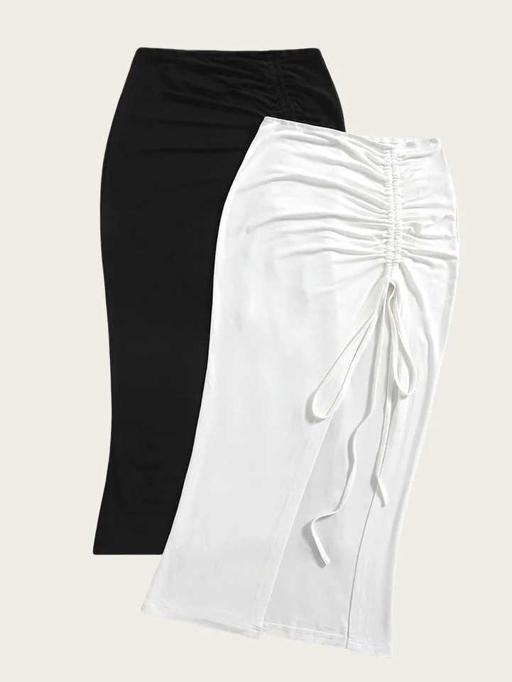 New womens elegant high waist knitted polyester skirt solid color spring summer and autumn long skirt drawstring side slit M260316