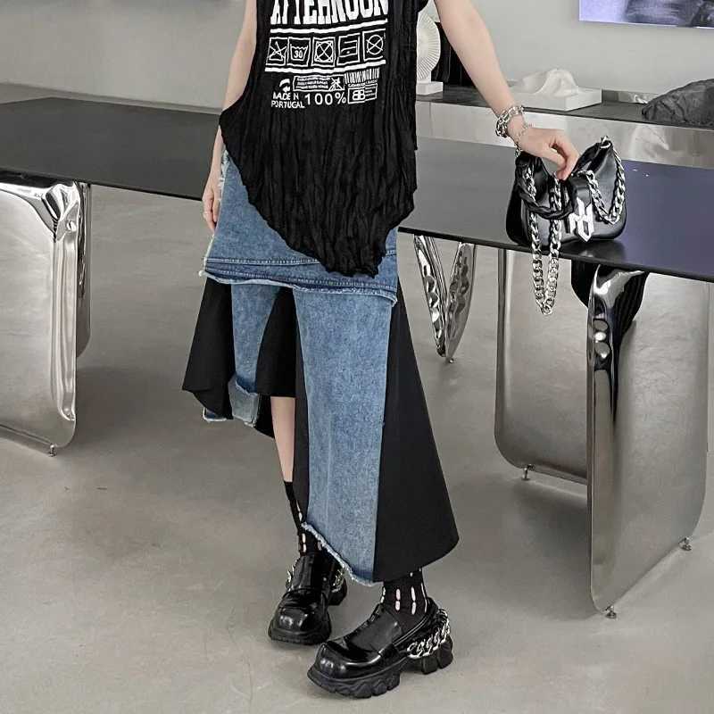 Women Spliced Denim Skirts Asymmetric Jeans Skirt A Line High Waist Zipper Ankle Lenth Loose Elegant Casual 2025 Spring Autumn M260316