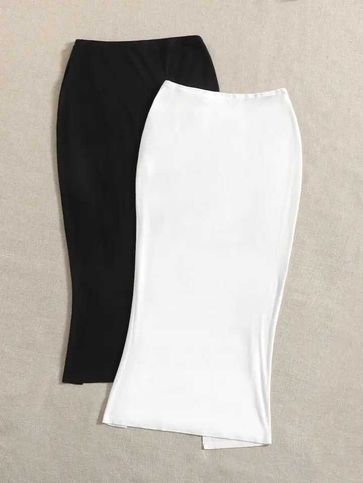 New womens elegant high waist knitted polyester skirt solid color spring summer and autumn long skirt drawstring side slit M260316