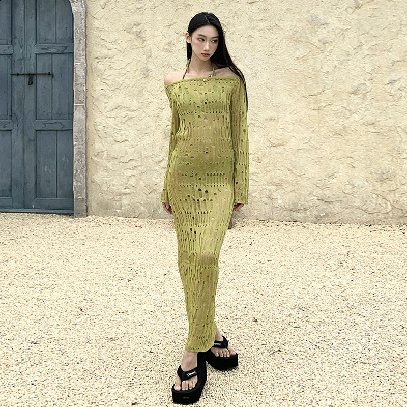 Sexy Off Shoulder Tassel Split Sling Dress Women Backless Long Sleeved Slim Robes Fashion Lady Vacation Beach 240823