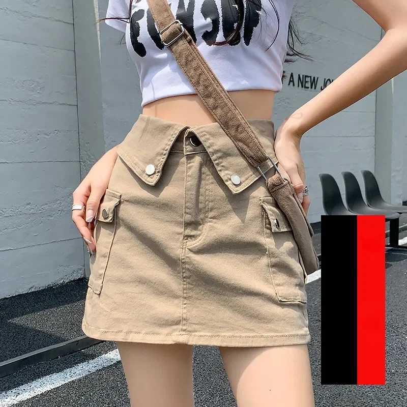 Fashionable Flap Pocket Button Skirts Female Clothing American High Waist Spring Summer New Solid Color Denim Cargo Mini Skirts M260316