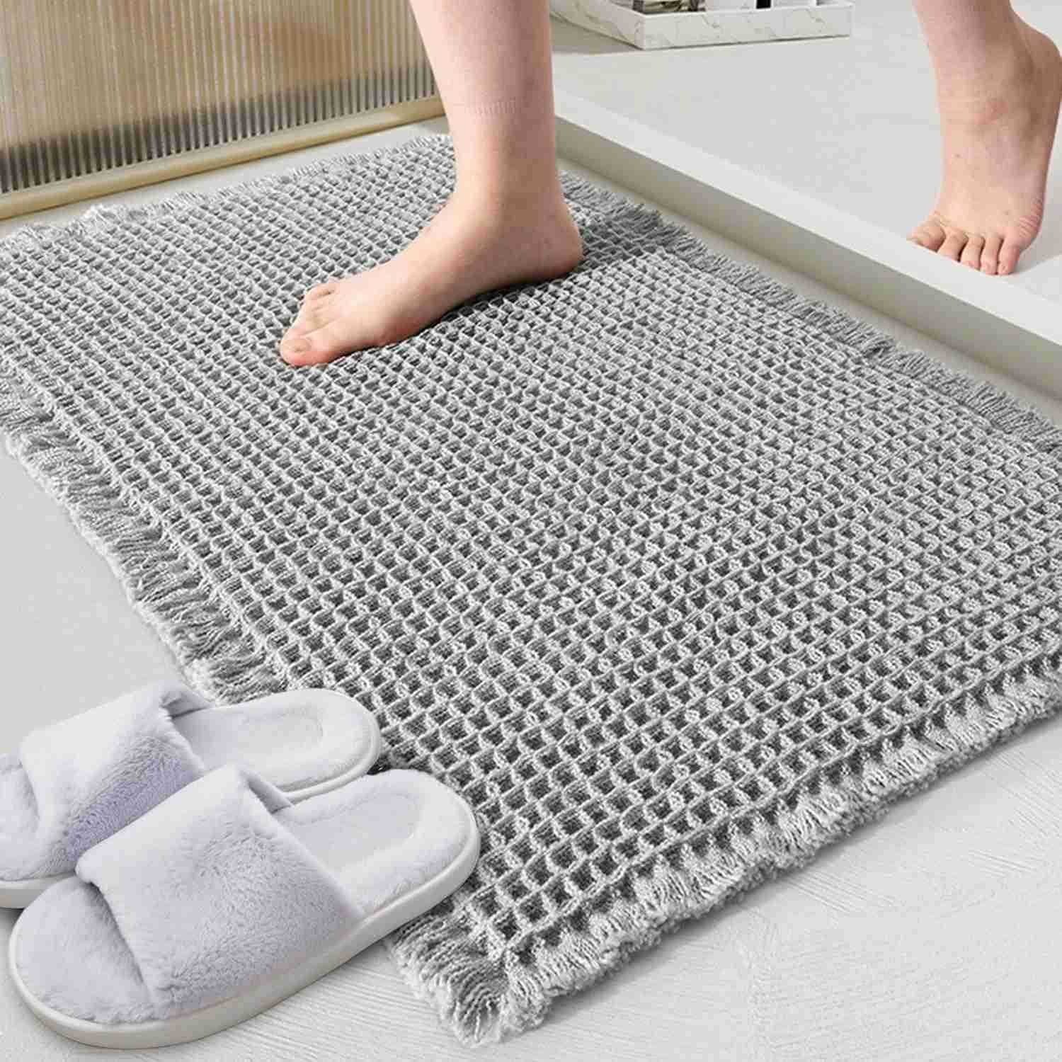 Waffle Bathroom Rugs Soft Non Slip Machine Washable Super Absorbent Bath Mats with Tassels for Bathroom Floor Tub Beside Decor H260316