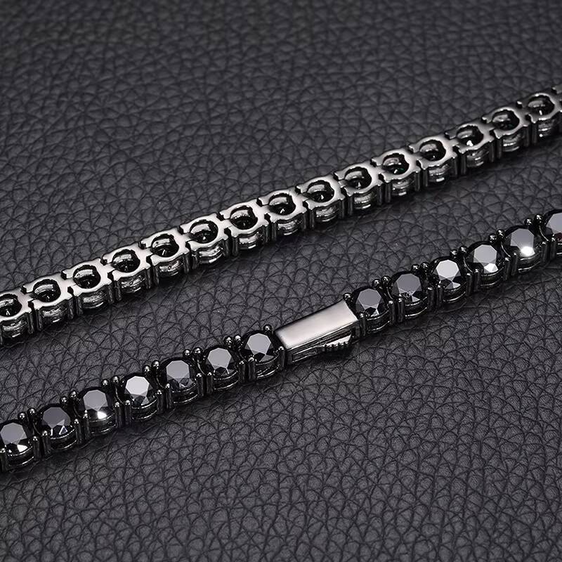 Pass Through Diamond Tester 4mm 5mm 925 Silver Hip-hop Bracelet Necklace Rock Mens and Womens Black Moissanite Tennis Chain