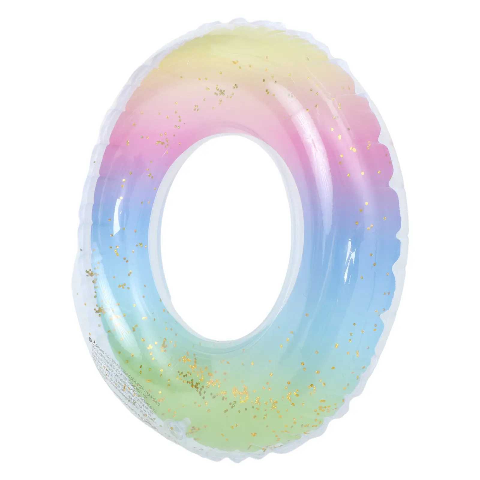 Gradient Rainbow Thicken Sequins Inflatable Swim Ring Safety Float Seat 60Cm for Adult Woman Pool Beach Lake Use M260316