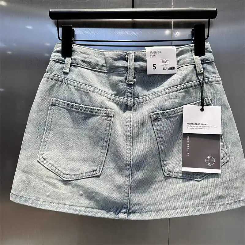 Summer Rhinestone A-line Denim Skirt for Women Star Pattern Zipper Pocket Short Skirts Fashion High-quality Slim Fit Jeans skirt M260316