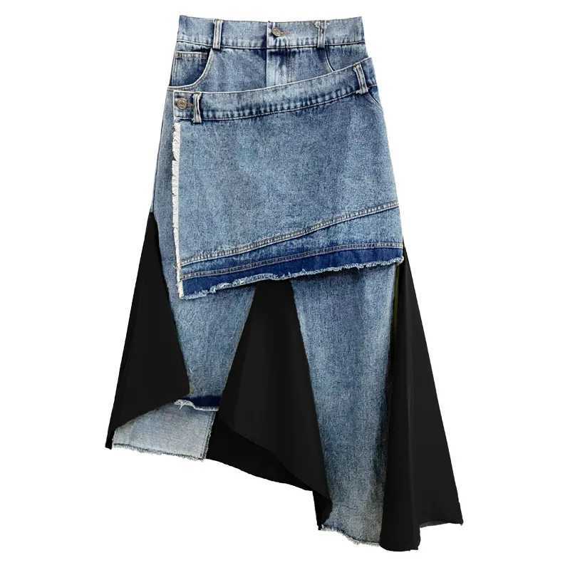 Women Spliced Denim Skirts Asymmetric Jeans Skirt A Line High Waist Zipper Ankle Lenth Loose Elegant Casual 2025 Spring Autumn M260316