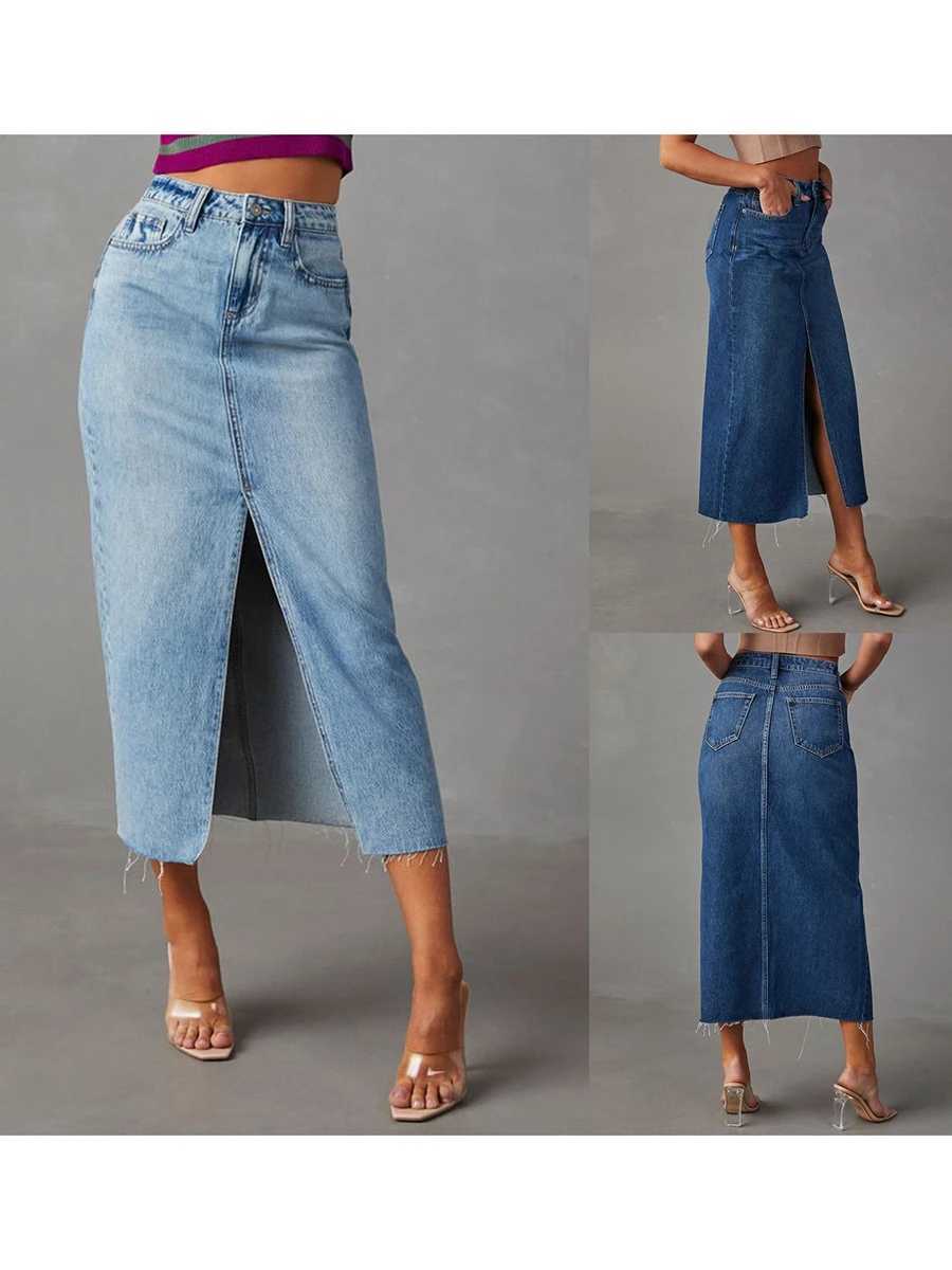2024 New Fashion Women Denim Skirt Elegant High Waist Skirt Slit Summer Long Skirt for Casual Daily M260316