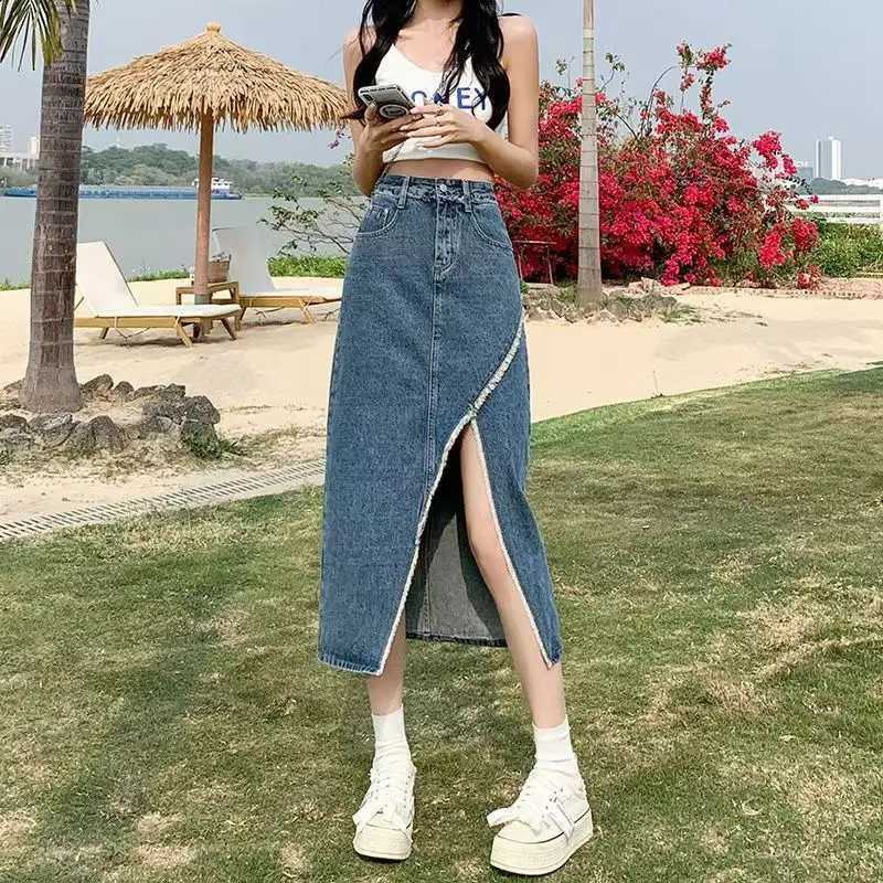 High Waist Casual Denim Mini Skirt for Women with Slit Loose Fit Mid Length Sweet Fresh Style Cotton Blend Spring Autumn M260316