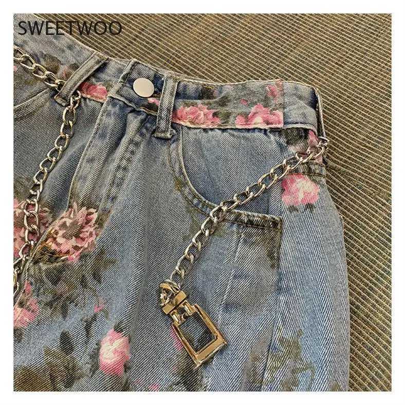 Streetwear Vintage Flowers Print Long Denim Skirts Summer 2021 High Waist Slim Sexy Open Split Straight Skirt Jeans Saias Female M260316