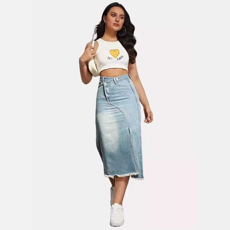 1pcs Vintage Denim Skirt for Women Fashion A Line Skirt High Waist Mid Length Denim Half Body Skirt M260316