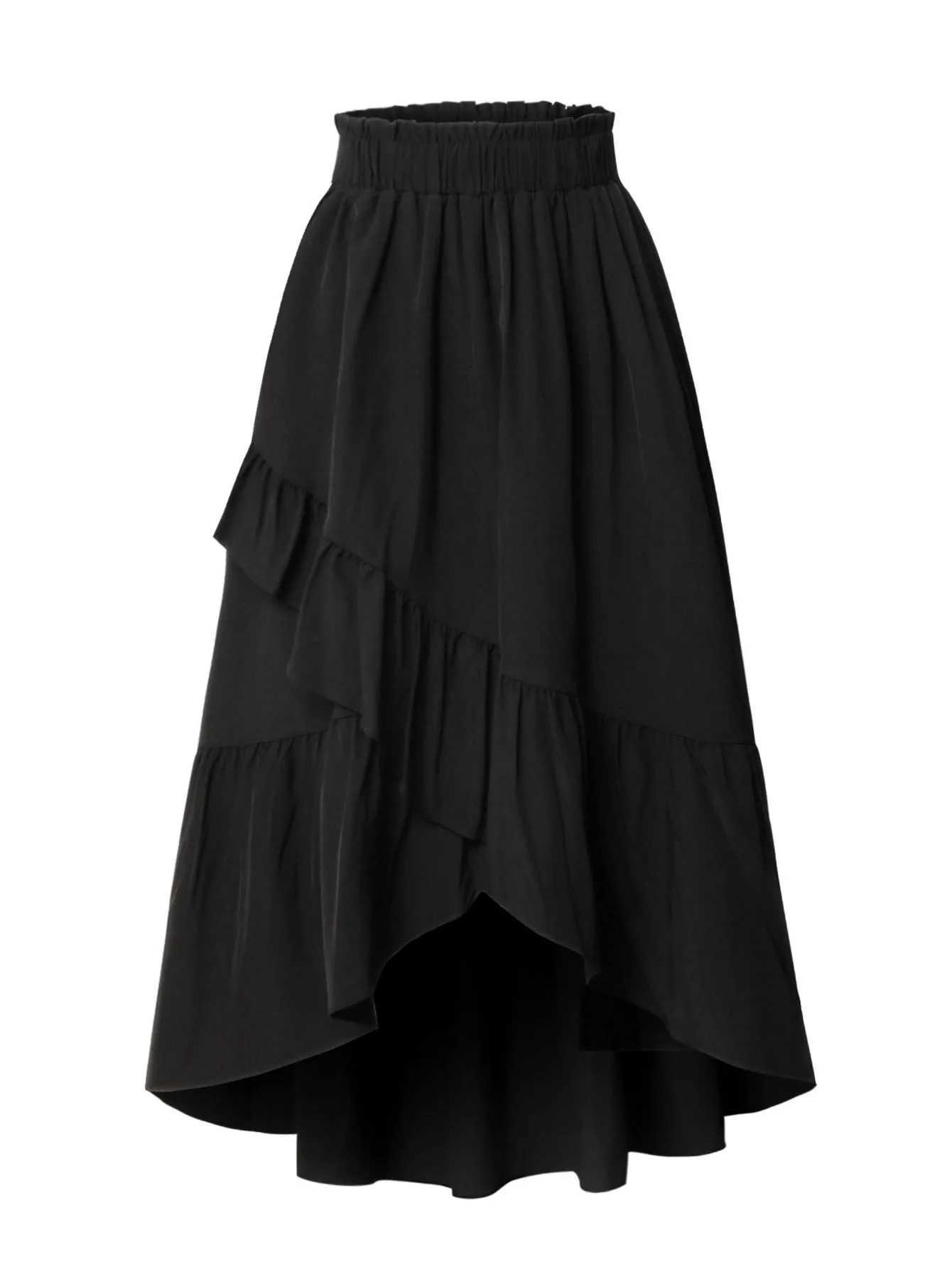 Black Asymmetrical Maxi Skirt Elegant Ruffled a Line Half Skirt with Elastic Waist Perfect for Casual Wear M260316
