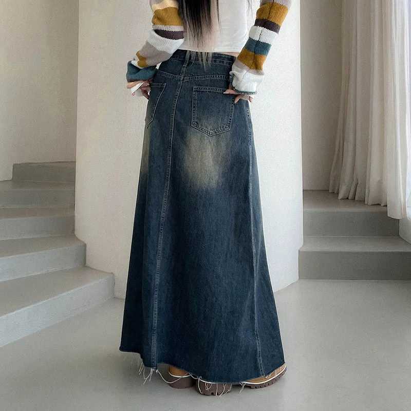 Lucyever Vintage Washing Denim Skirt for Women Y2K Aesthetic High Waisted Maxi Skirts Female Fashion Streetwear Long Jean Skirt M260316