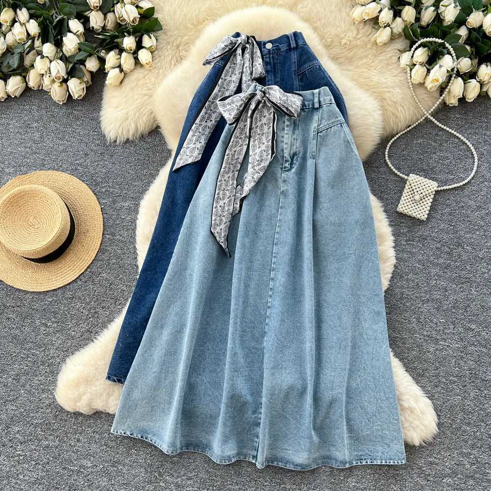 Women Solid Denim Skirts Scarve Skirt Ankle Lenth A Line High Waist Zipper Slight Strech Loose Fit Elegant Casual 2026 Spring M260316