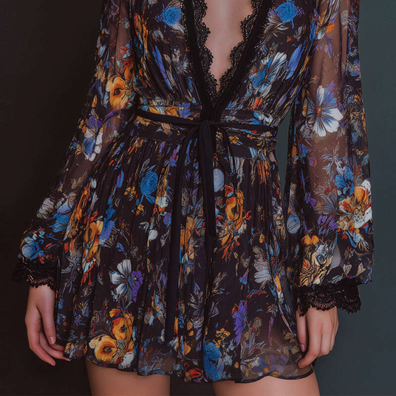Vintage Floral Printed Pleat Mini Dress for Women Elegant Lace Spliced Sexy Deep-V Long Sleeve Party Dress Summer Chiffon Dress