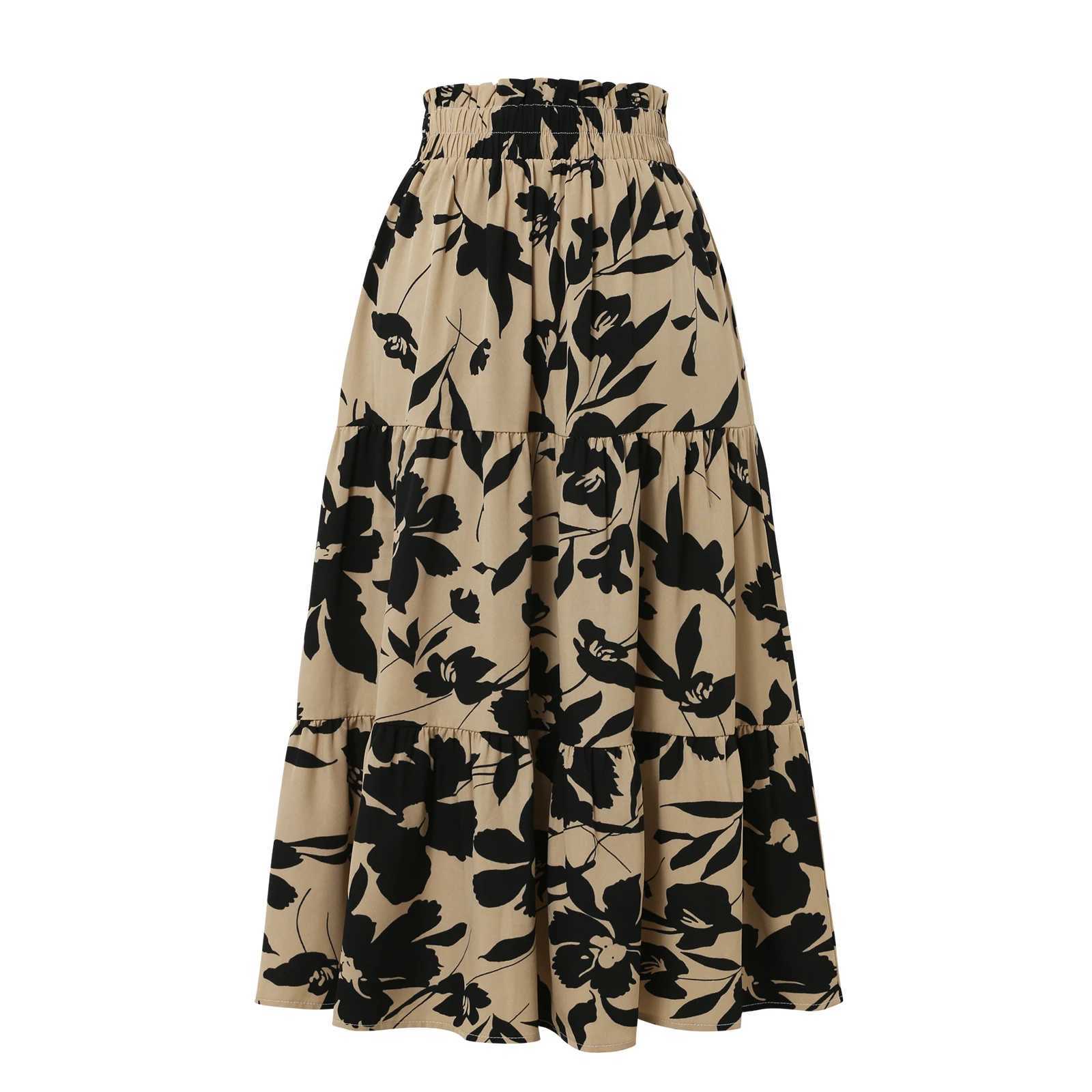 Womens Maxi Skirt Elegant Botanical Print a Line Long Half Skirt with Elastic Waist Perfect for Casual Wear M260316