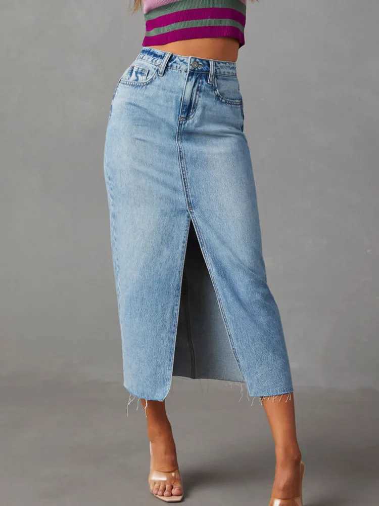 New In 2025 Womens Denim Skirt Spring Summer Korean Fashion High Waisted Streetwear Jean Skirt Female A-Line Midi Skirt M260316